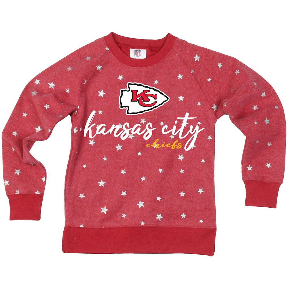 Kansas City Chiefs Wes & Willy Girls Youth Shimmer Star Reverse Fleece Pullover Sweatshirt - Red - NFL