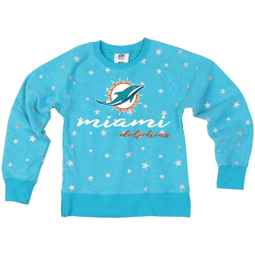 Miami Dolphins Wes & Willy Girls Youth Shimmer Star Reverse Fleece Pullover Sweatshirt - Aqua - NFL