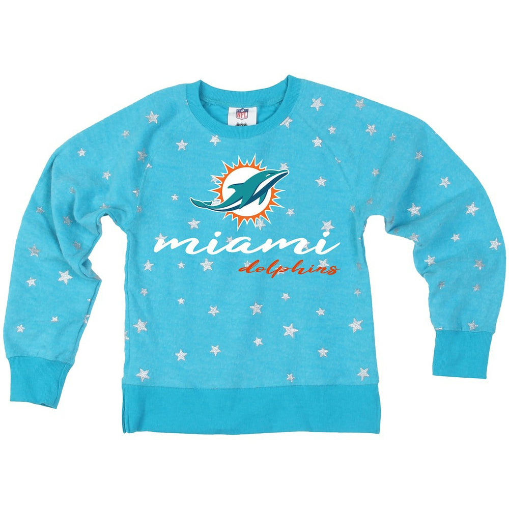 Miami Dolphins Wes & Willy Girls Youth Shimmer Star Reverse Fleece Pullover Sweatshirt - Aqua - NFL