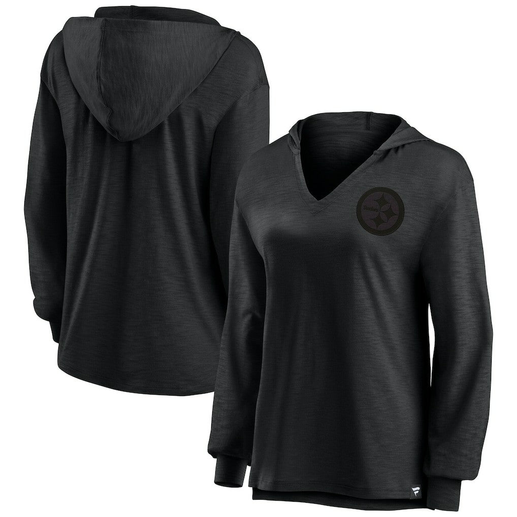 Pittsburgh Steelers Women's Blackout Slub Hoodie V-Neck Long Sleeve T-Shirt - Fanatics