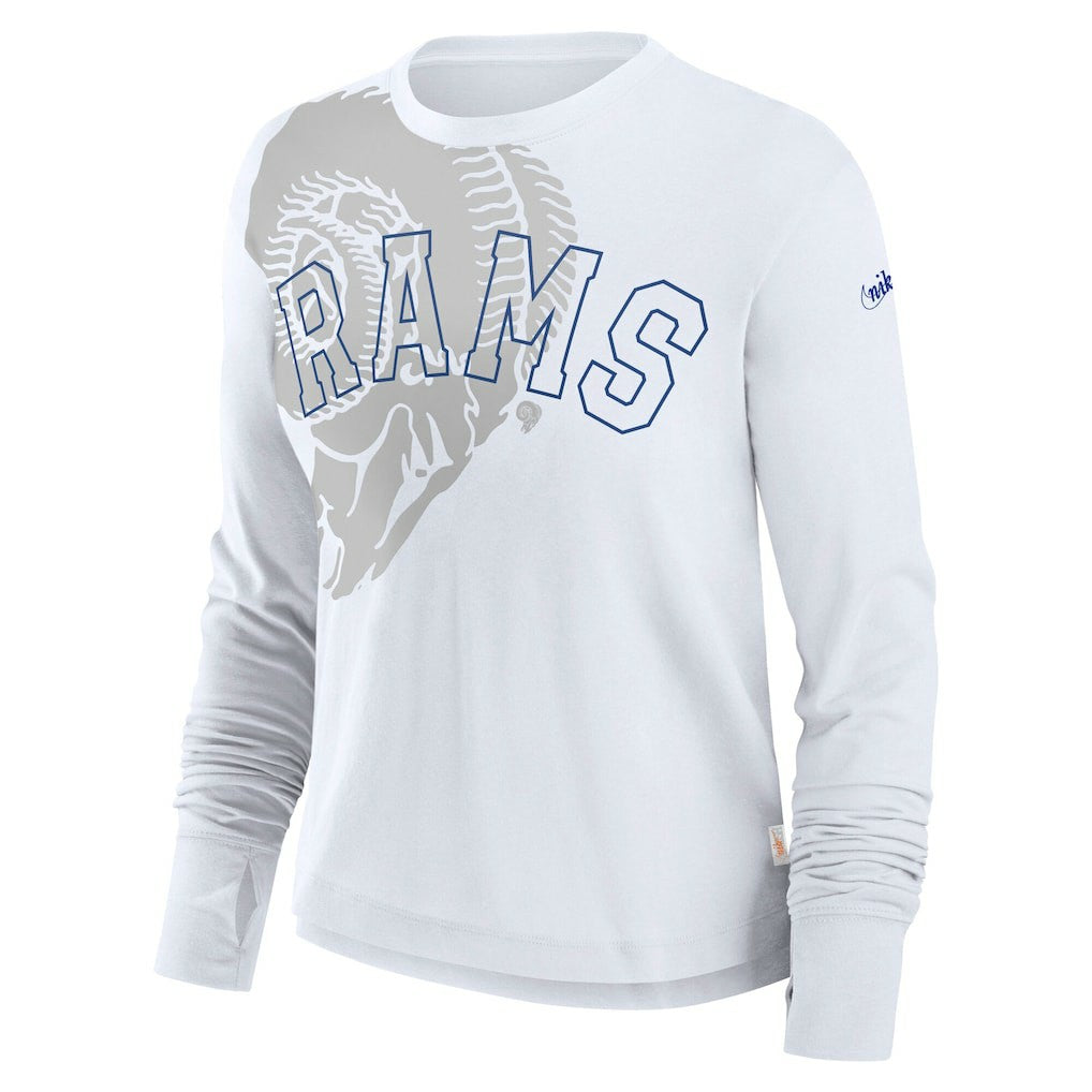 Los Angeles Rams Women's Layered Logo Cropped Long Sleeve Fashion T-Shirt - White - Nike