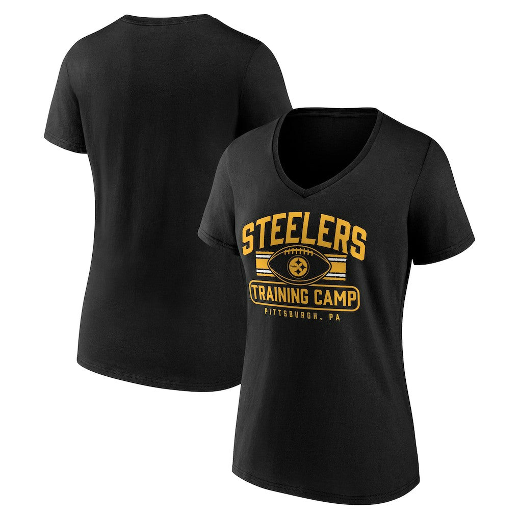 Pittsburgh Steelers Women's Training Camp Stripe V-Neck T-Shirt - Black - Fanatics