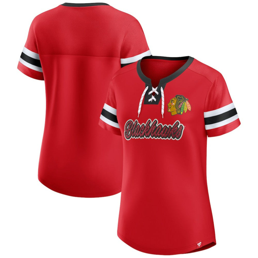 Chicago Blackhawks Fanatics Women's Iconic Athena Lace-Up T-Shirt - Red | Fanatics online