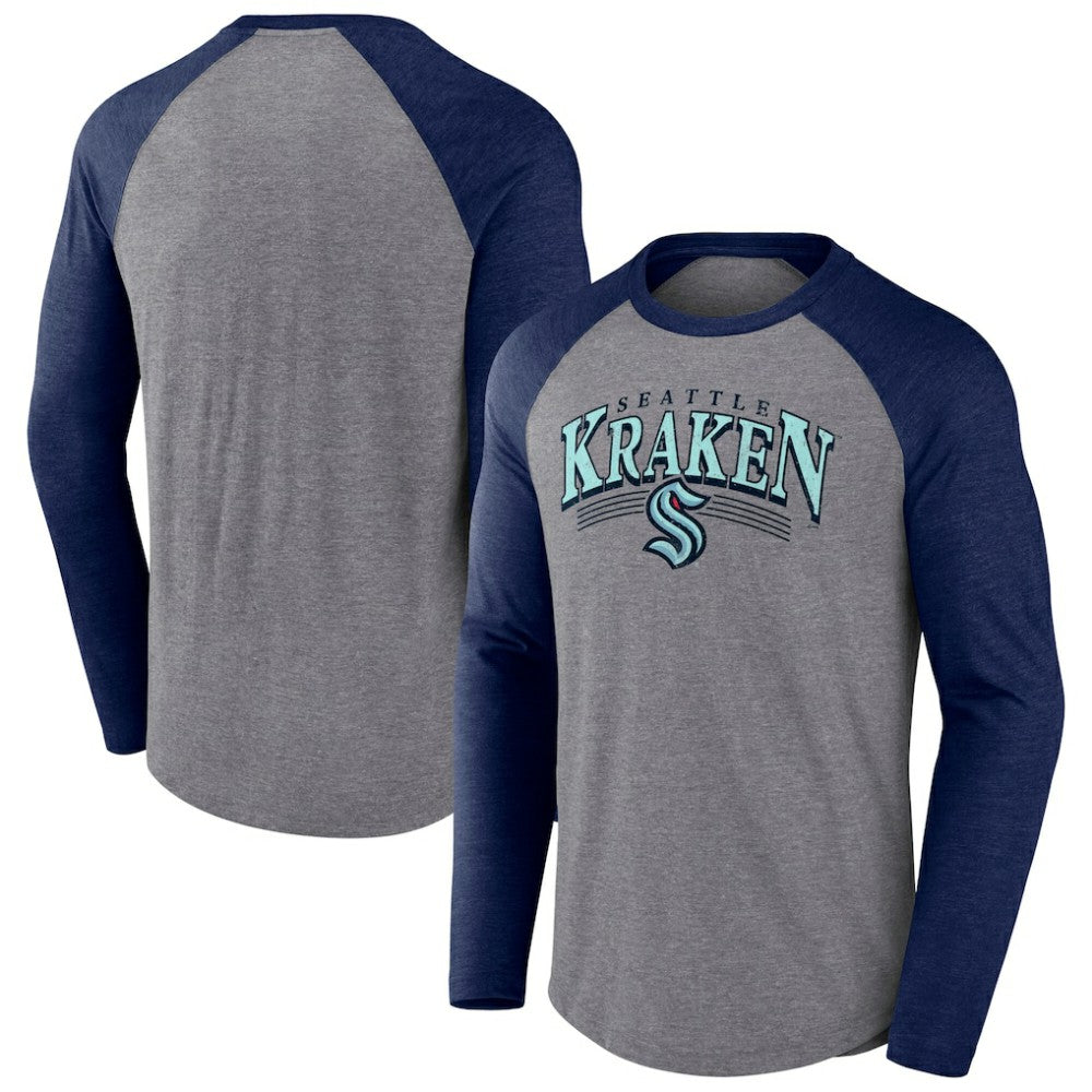 Seattle Kraken Fanatics Goal Crease Raglan Tri-Blend Long Sleeve T-Shirt - Heather Gray/Heather Deep Sea Blue | Fanatics on sale