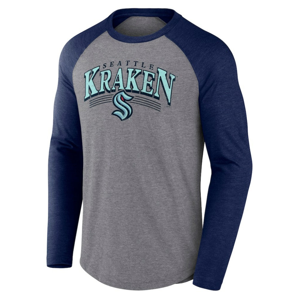 Seattle Kraken Fanatics Goal Crease Raglan Tri-Blend Long Sleeve T-Shirt - Heather Gray/Heather Deep Sea Blue | Fanatics on sale