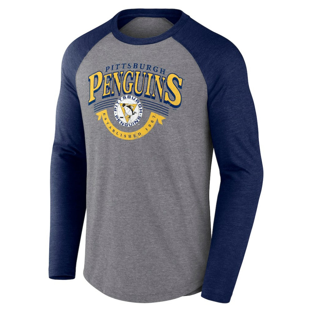 Pittsburgh Penguins Fanatics Goal Crease Raglan Tri-Blend Long Sleeve T-Shirt - Heather Gray/Heather Navy | Fanatics Lifestyle