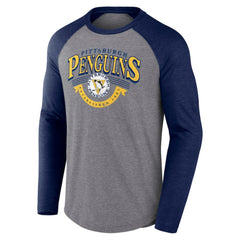 Pittsburgh Penguins Fanatics Goal Crease Raglan Tri-Blend Long Sleeve T-Shirt - Heather Gray/Heather Navy | Fanatics Lifestyle