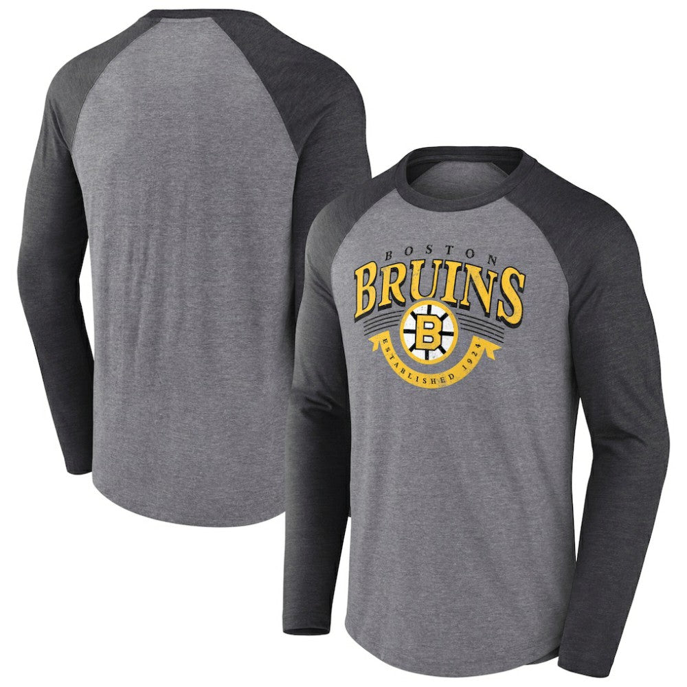Boston Bruins Fanatics Goal Crease Raglan Tri-Blend Long Sleeve T-Shirt - Heather Gray/Heather Charcoal | Fanatics discount