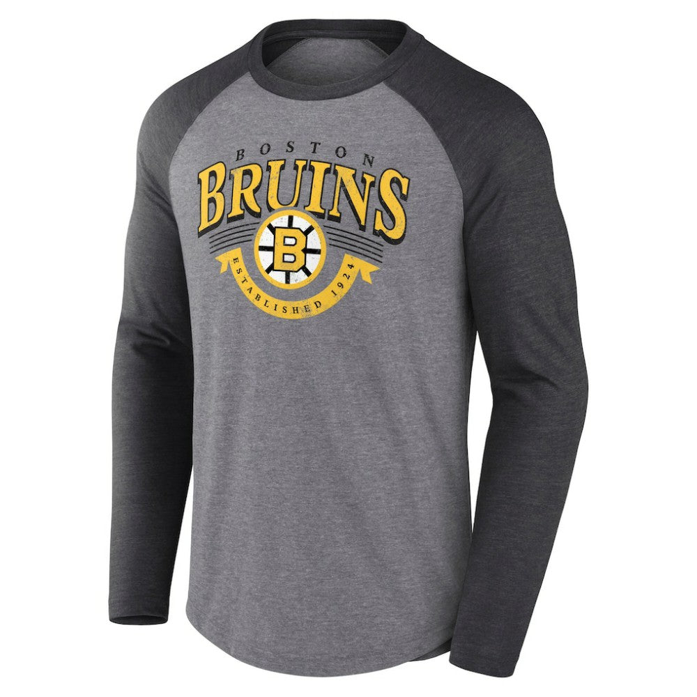 Boston Bruins Fanatics Goal Crease Raglan Tri-Blend Long Sleeve T-Shirt - Heather Gray/Heather Charcoal | Fanatics discount