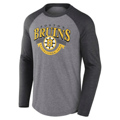 Boston Bruins Fanatics Goal Crease Raglan Tri-Blend Long Sleeve T-Shirt - Heather Gray/Heather Charcoal | Fanatics discount