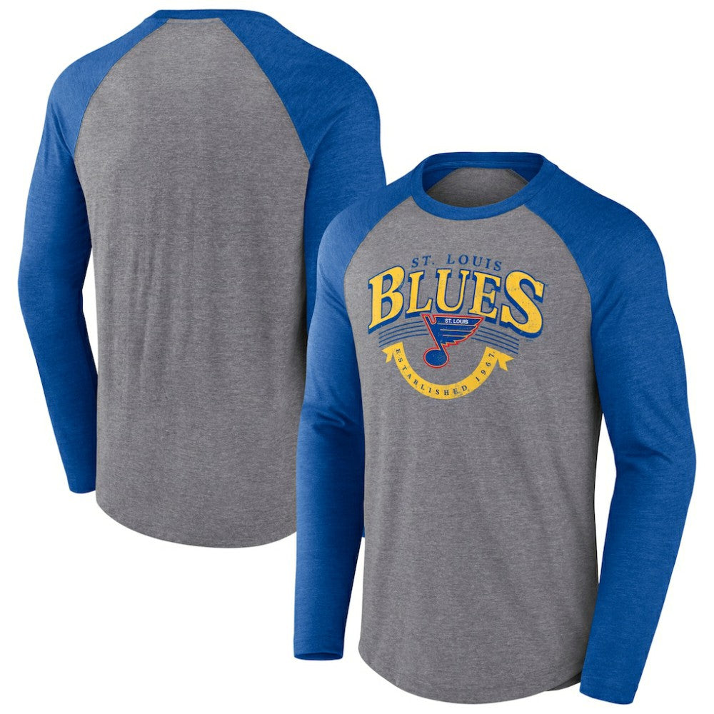 St. Louis Blues Fanatics Goal Crease Raglan Tri-Blend Long Sleeve T-Shirt - Heather Gray/Heather Blue | Fanatics Lifestyle