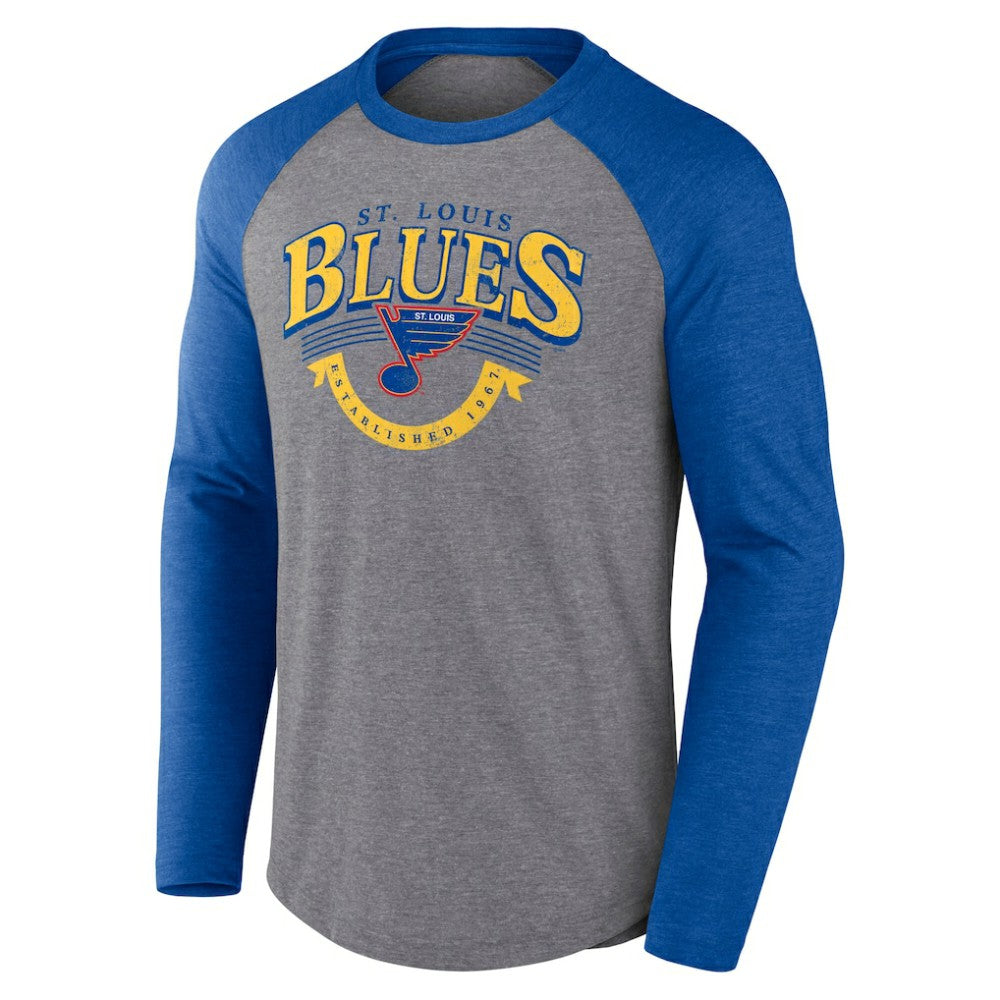 St. Louis Blues Fanatics Goal Crease Raglan Tri-Blend Long Sleeve T-Shirt - Heather Gray/Heather Blue | Fanatics Lifestyle