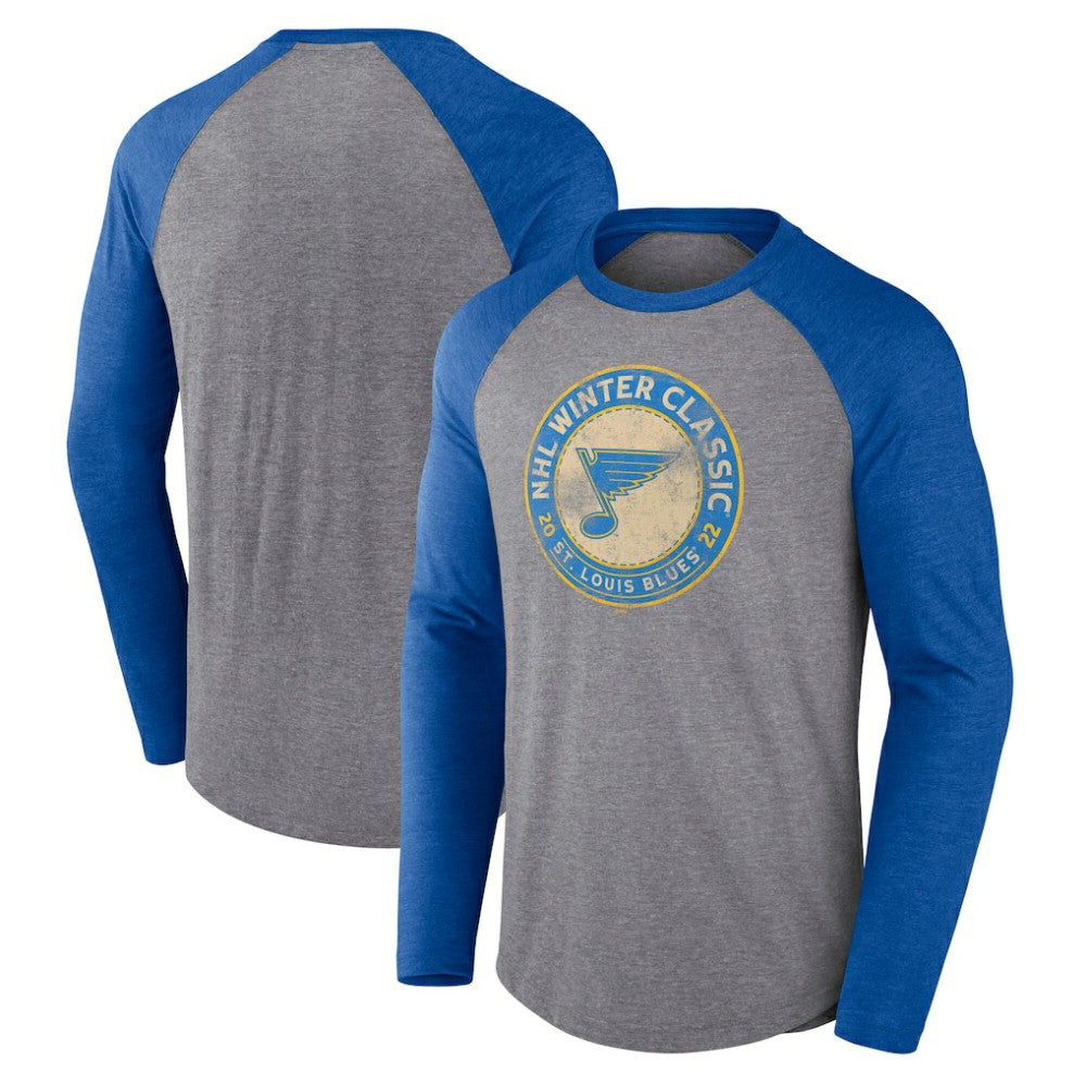 St. Louis Blues Fanatics 2022 NHL Winter Classic Vintage Distressed Raglan Tri-Blend Long Sleeve T-Shirt - Heather Gray/Heather Blue | Fanatics discount