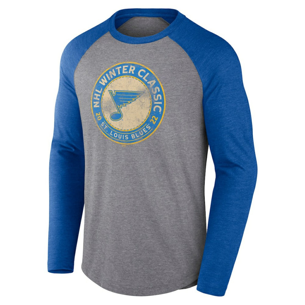 St. Louis Blues Fanatics 2022 NHL Winter Classic Vintage Distressed Raglan Tri-Blend Long Sleeve T-Shirt - Heather Gray/Heather Blue | Fanatics discount