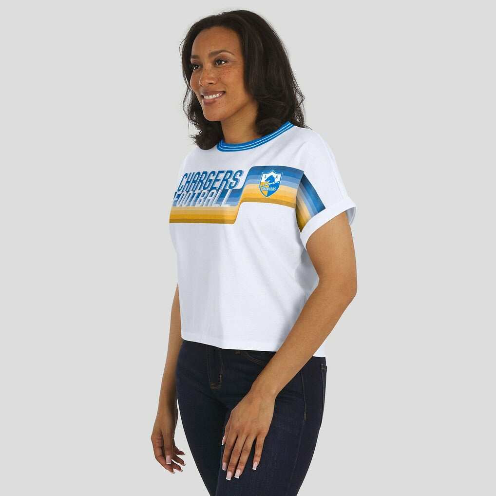 Los Angeles Chargers WEAR by Erin Andrews Women's Cropped Center Stripe Dolman T-Shirt - White - NFL