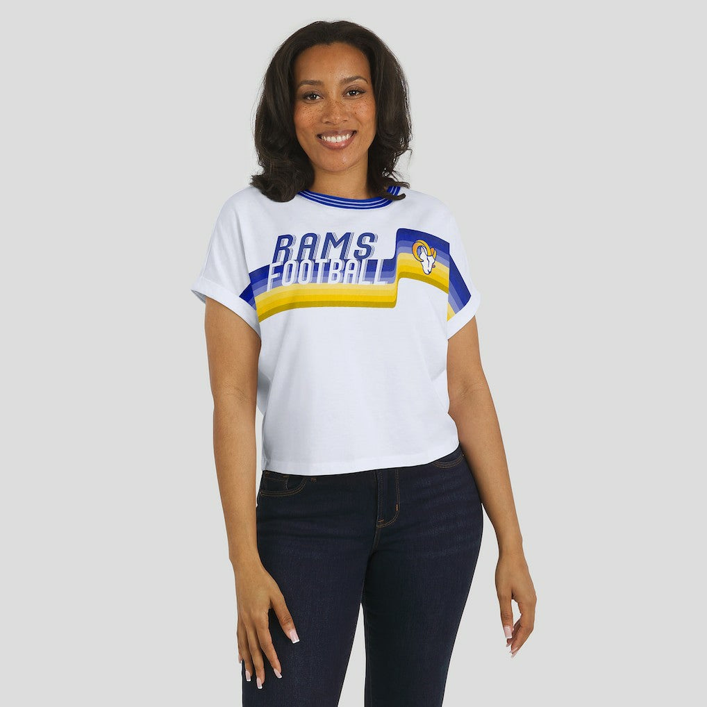 Los Angeles Rams WEAR by Erin Andrews Women's Cropped Center Stripe Dolman T-Shirt - White - NFL