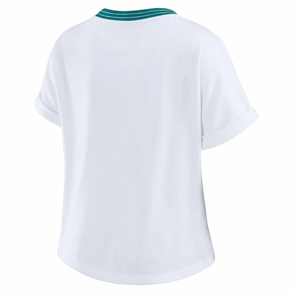 Miami Dolphins WEAR by Erin Andrews Women's Cropped Center Stripe Dolman T-Shirt - White - NFL