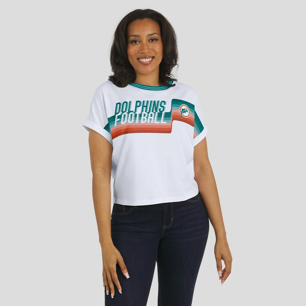 Miami Dolphins WEAR by Erin Andrews Women's Cropped Center Stripe Dolman T-Shirt - White - NFL