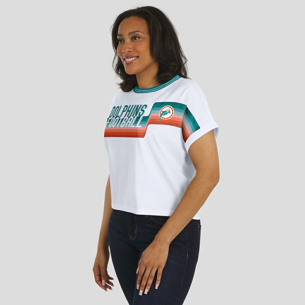 Miami Dolphins WEAR by Erin Andrews Women's Cropped Center Stripe Dolman T-Shirt - White - NFL