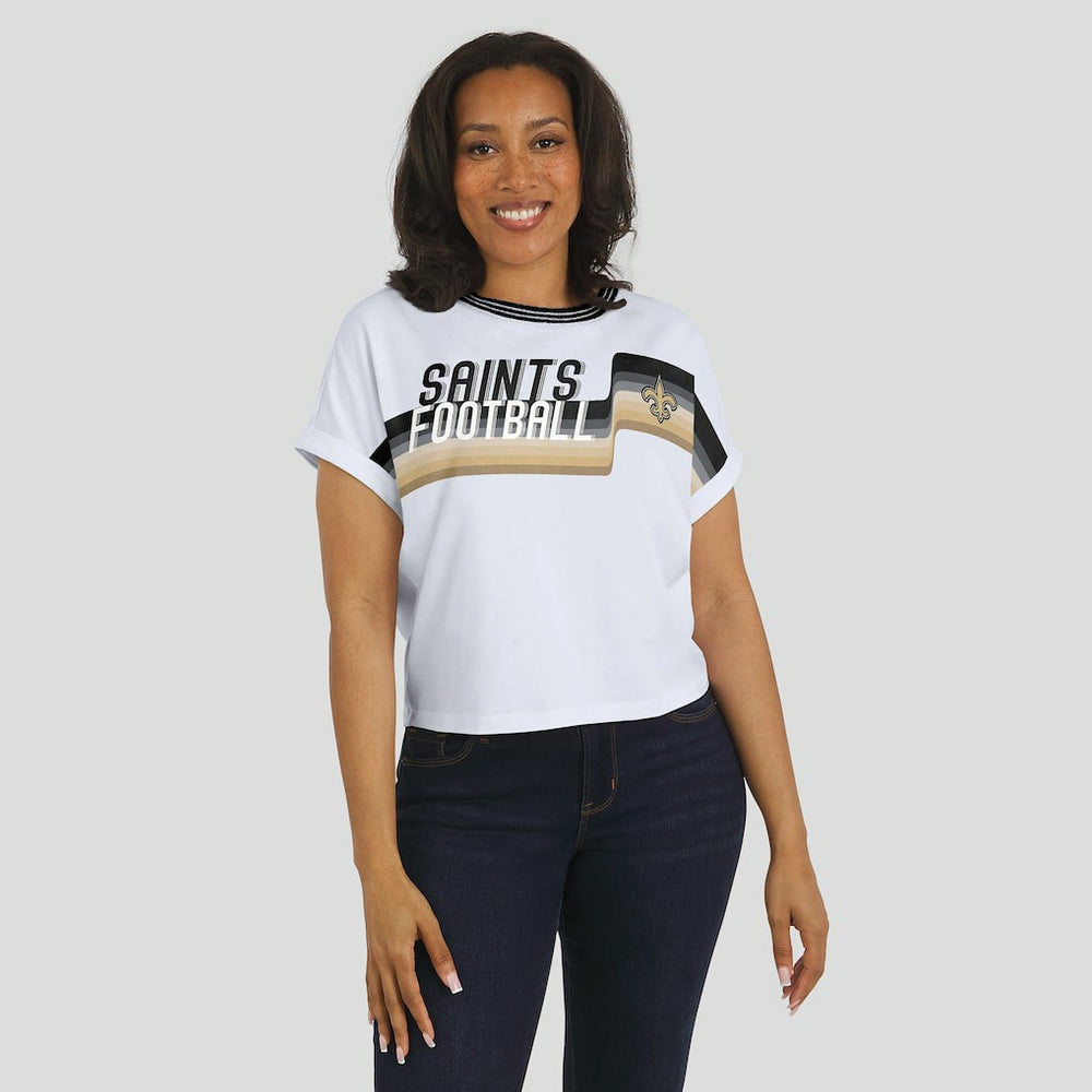 New Orleans Saints WEAR by Erin Andrews Women's Cropped Center Stripe Dolman T-Shirt - White - NFL