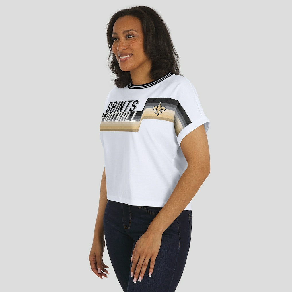 New Orleans Saints WEAR by Erin Andrews Women's Cropped Center Stripe Dolman T-Shirt - White - NFL