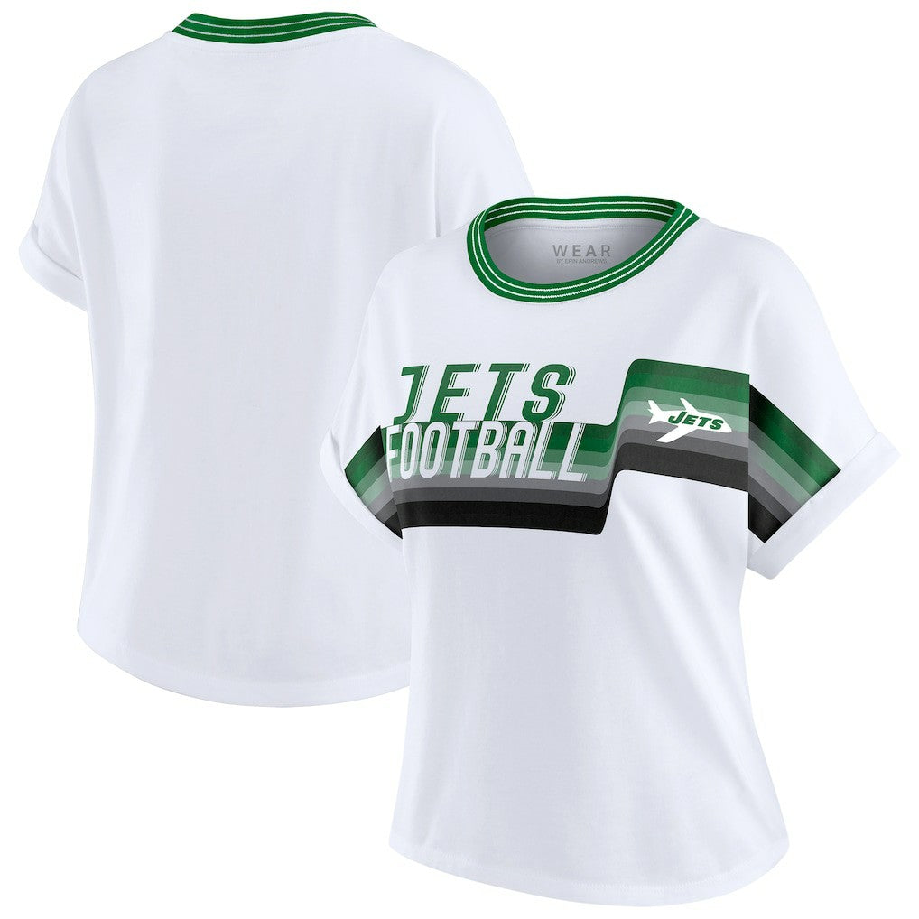 New York Jets WEAR by Erin Andrews Women's Cropped Center Stripe Dolman T-Shirt - White - NFL