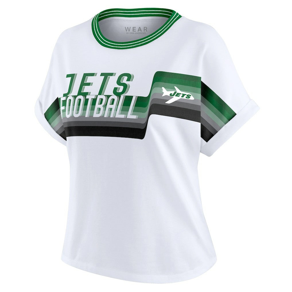 New York Jets WEAR by Erin Andrews Women's Cropped Center Stripe Dolman T-Shirt - White - NFL