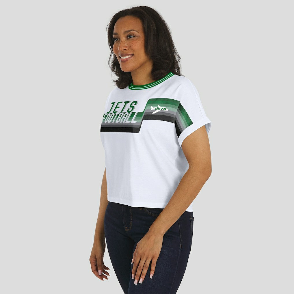 New York Jets WEAR by Erin Andrews Women's Cropped Center Stripe Dolman T-Shirt - White - NFL