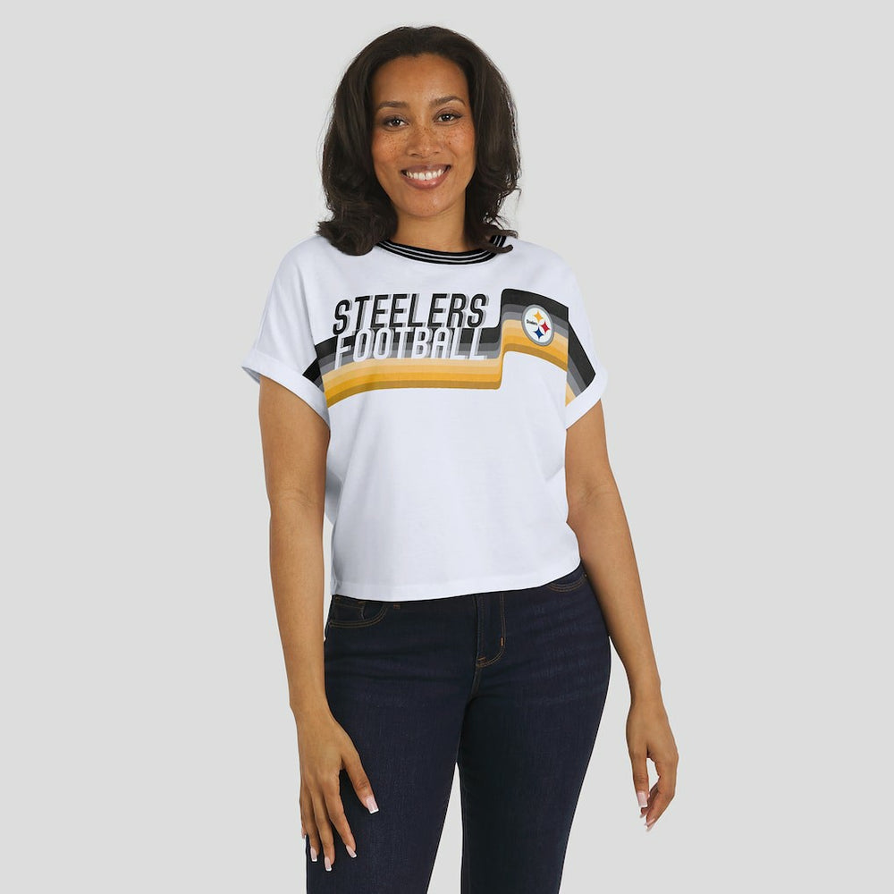 Pittsburgh Steelers WEAR by Erin Andrews Women's Cropped Center Stripe Dolman T-Shirt - White - NFL