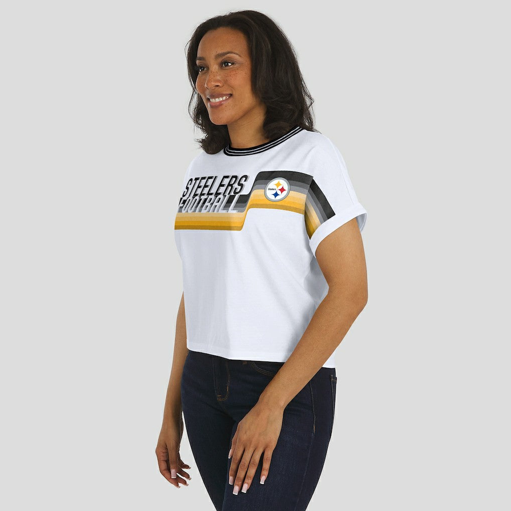 Pittsburgh Steelers WEAR by Erin Andrews Women's Cropped Center Stripe Dolman T-Shirt - White - NFL