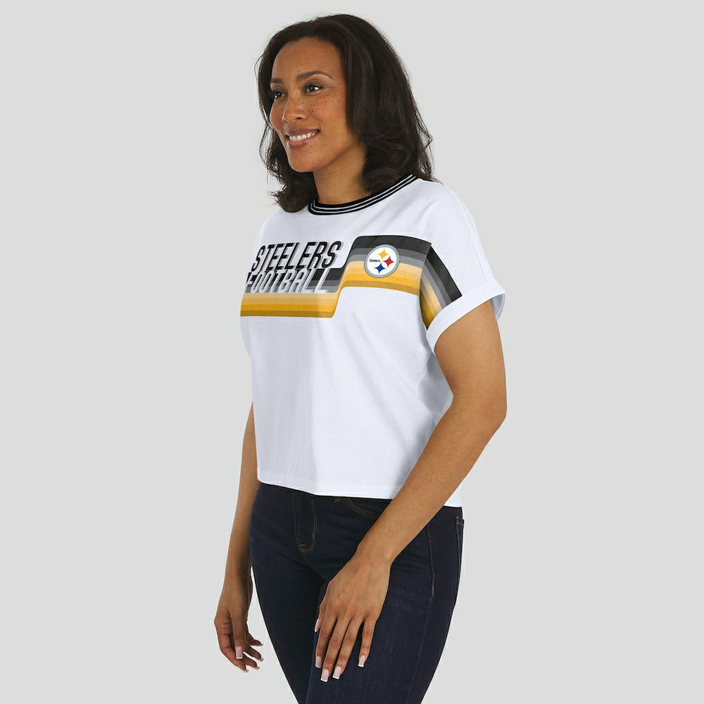 Pittsburgh Steelers WEAR by Erin Andrews Women's Cropped Center Stripe Dolman T-Shirt - White - NFL