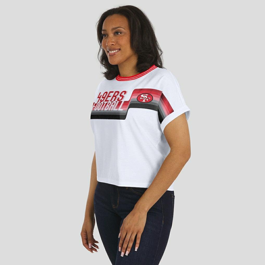 San Francisco 49ers WEAR by Erin Andrews Women's Cropped Center Stripe Dolman T-Shirt - White - NFL