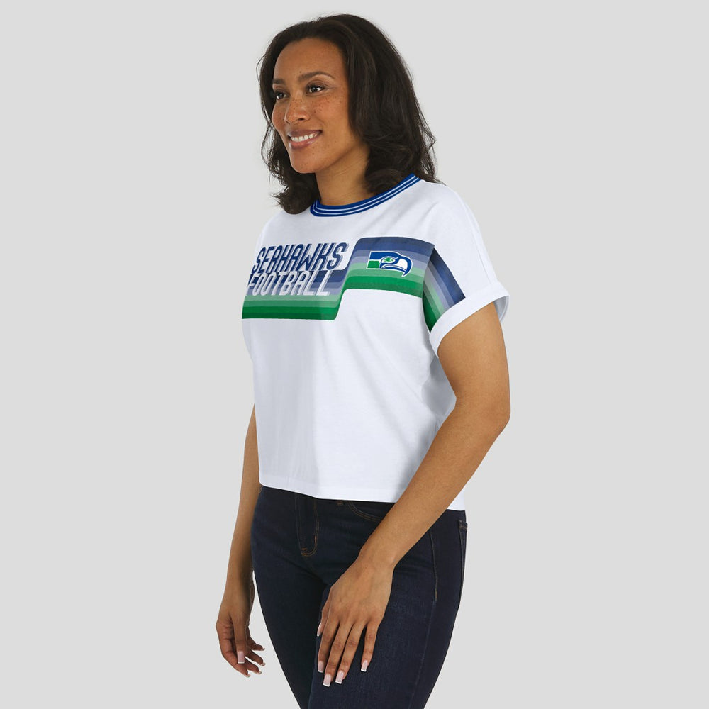 Seattle Seahawks WEAR by Erin Andrews Women's Cropped Center Stripe Dolman T-Shirt - White - NFL