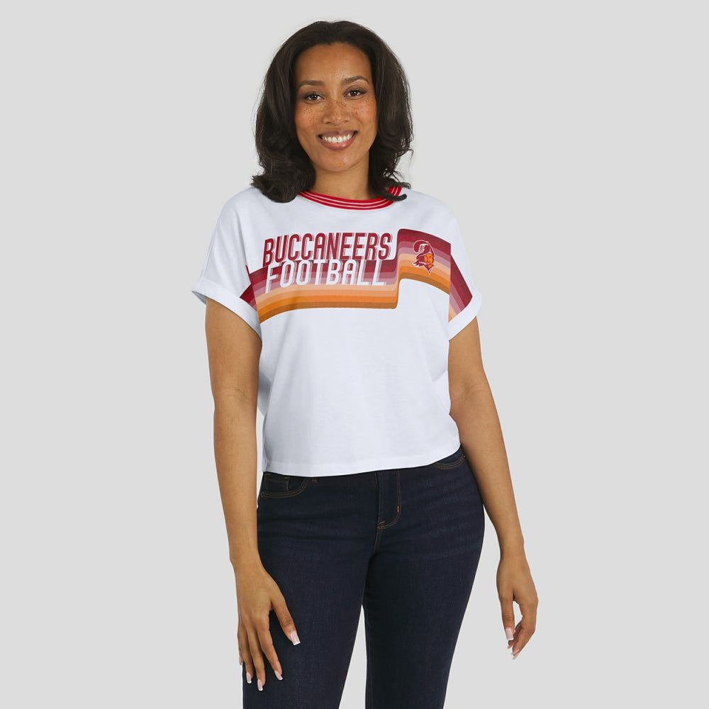 Tampa Bay Buccaneers WEAR by Erin Andrews Women's Cropped Center Stripe Dolman T-Shirt - White - NFL