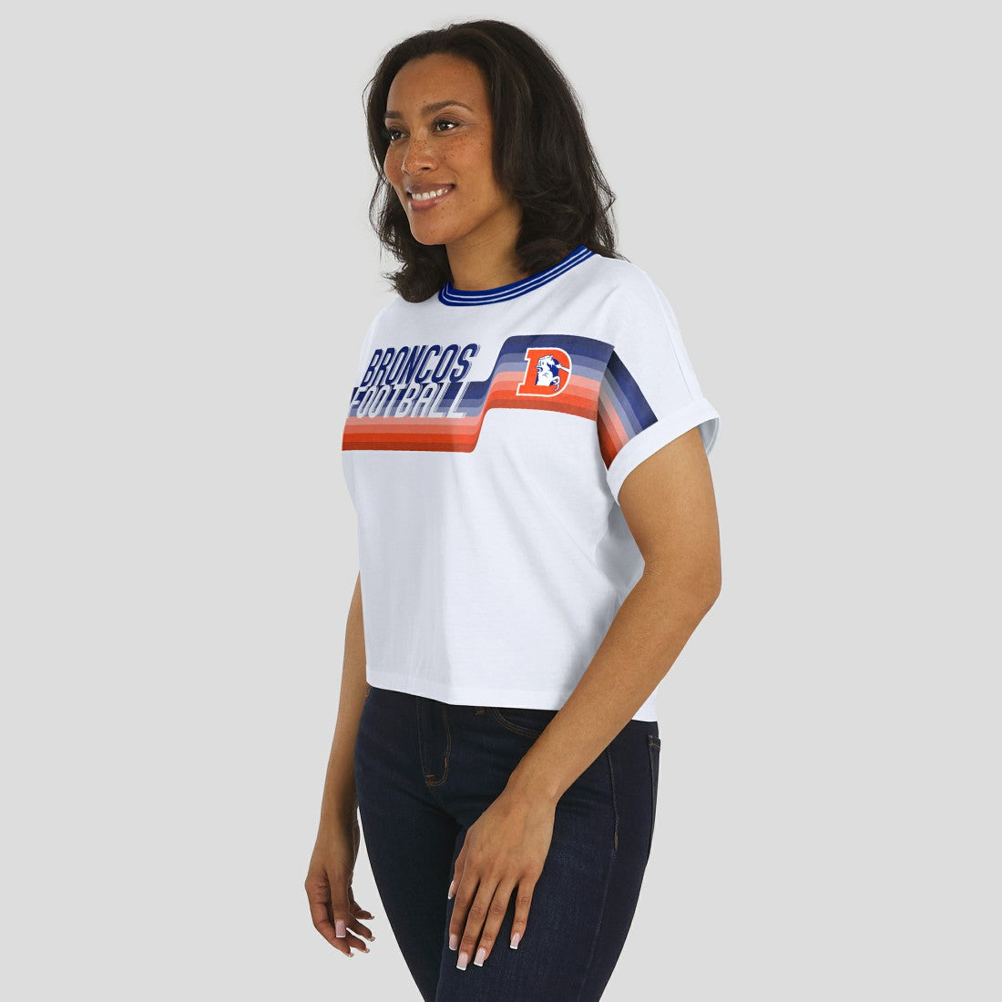Denver Broncos WEAR by Erin Andrews Women's Cropped Center Stripe Dolman T-Shirt - White - NFL