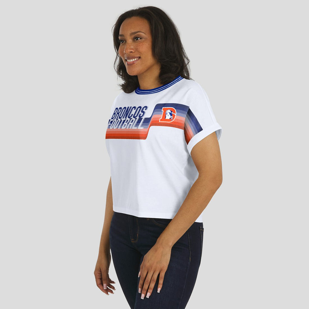 Denver Broncos WEAR by Erin Andrews Women's Cropped Center Stripe Dolman T-Shirt - White - NFL