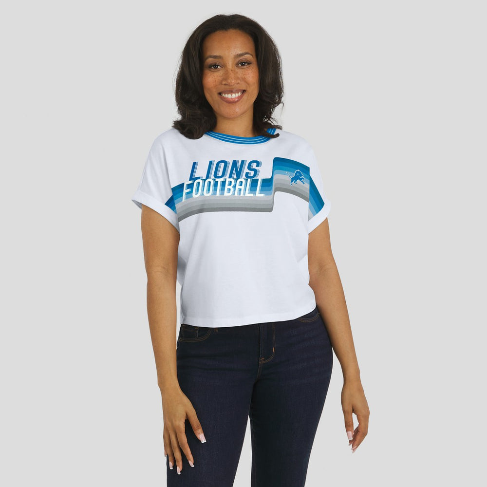 Detroit Lions WEAR by Erin Andrews Women's Cropped Center Stripe Dolman T-Shirt - White - NFL