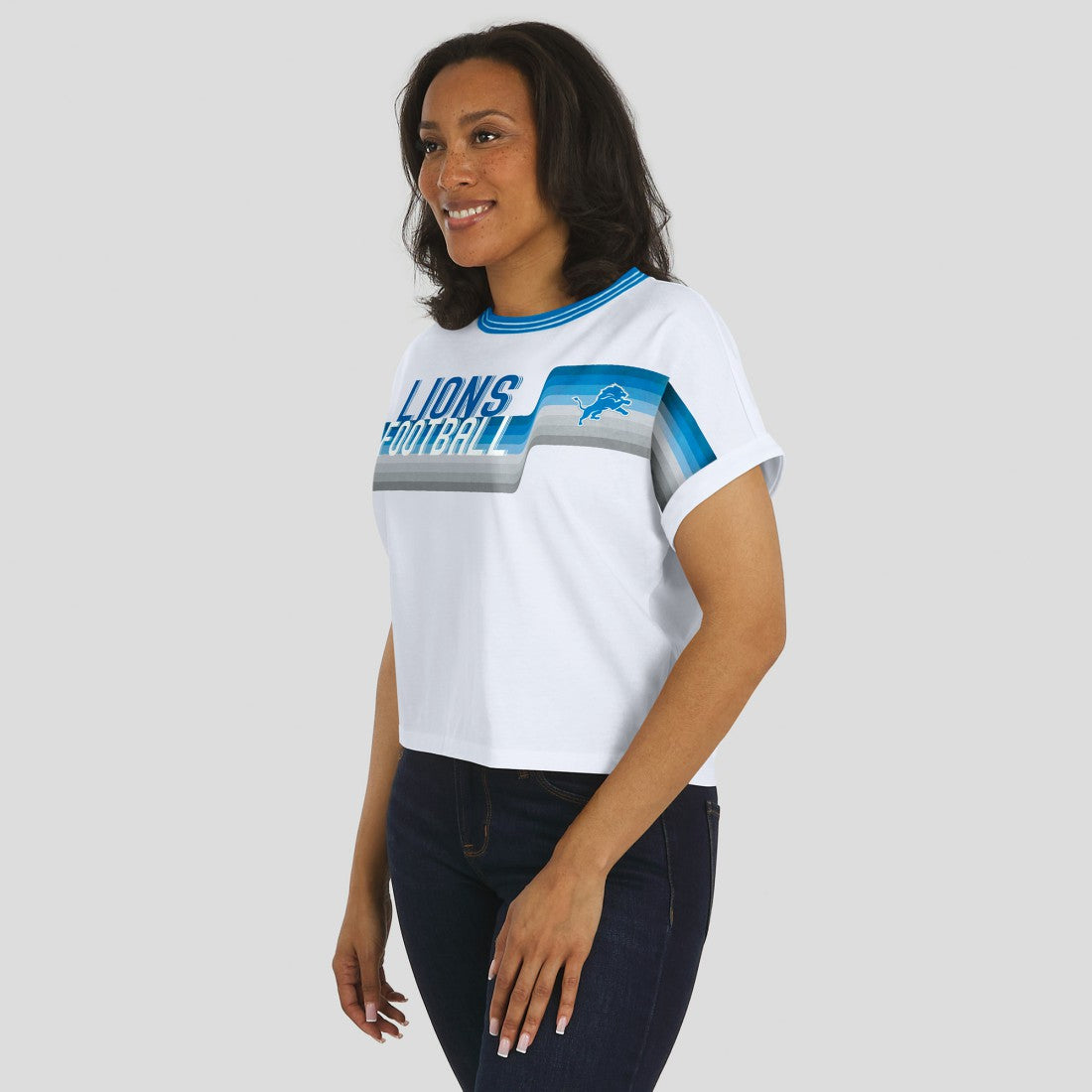 Detroit Lions WEAR by Erin Andrews Women's Cropped Center Stripe Dolman T-Shirt - White - NFL