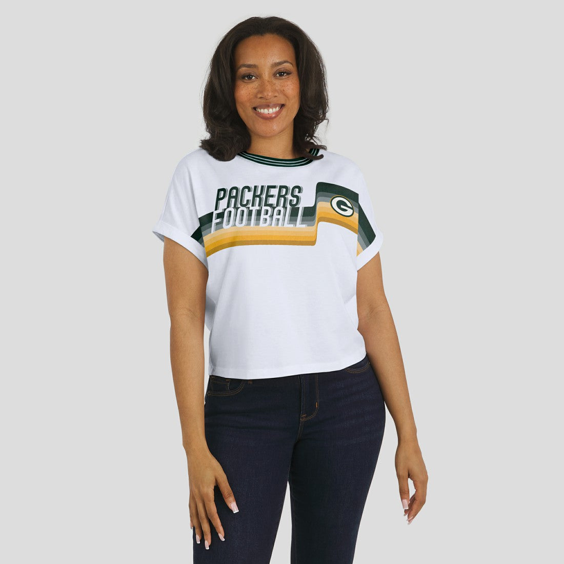 Green Bay Packers WEAR by Erin Andrews Women's Cropped Center Stripe Dolman T-Shirt - White - NFL