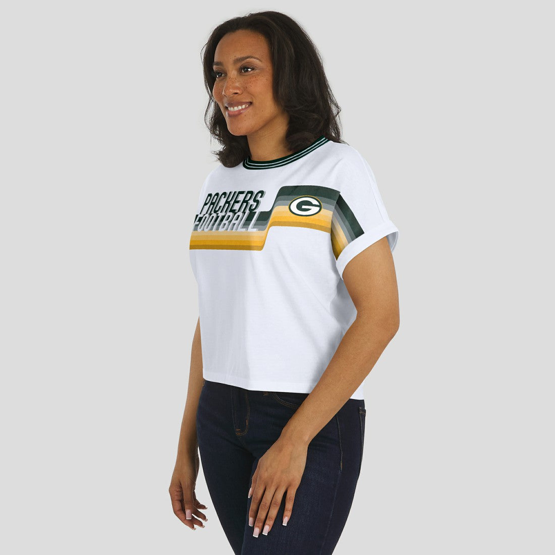 Green Bay Packers WEAR by Erin Andrews Women's Cropped Center Stripe Dolman T-Shirt - White - NFL