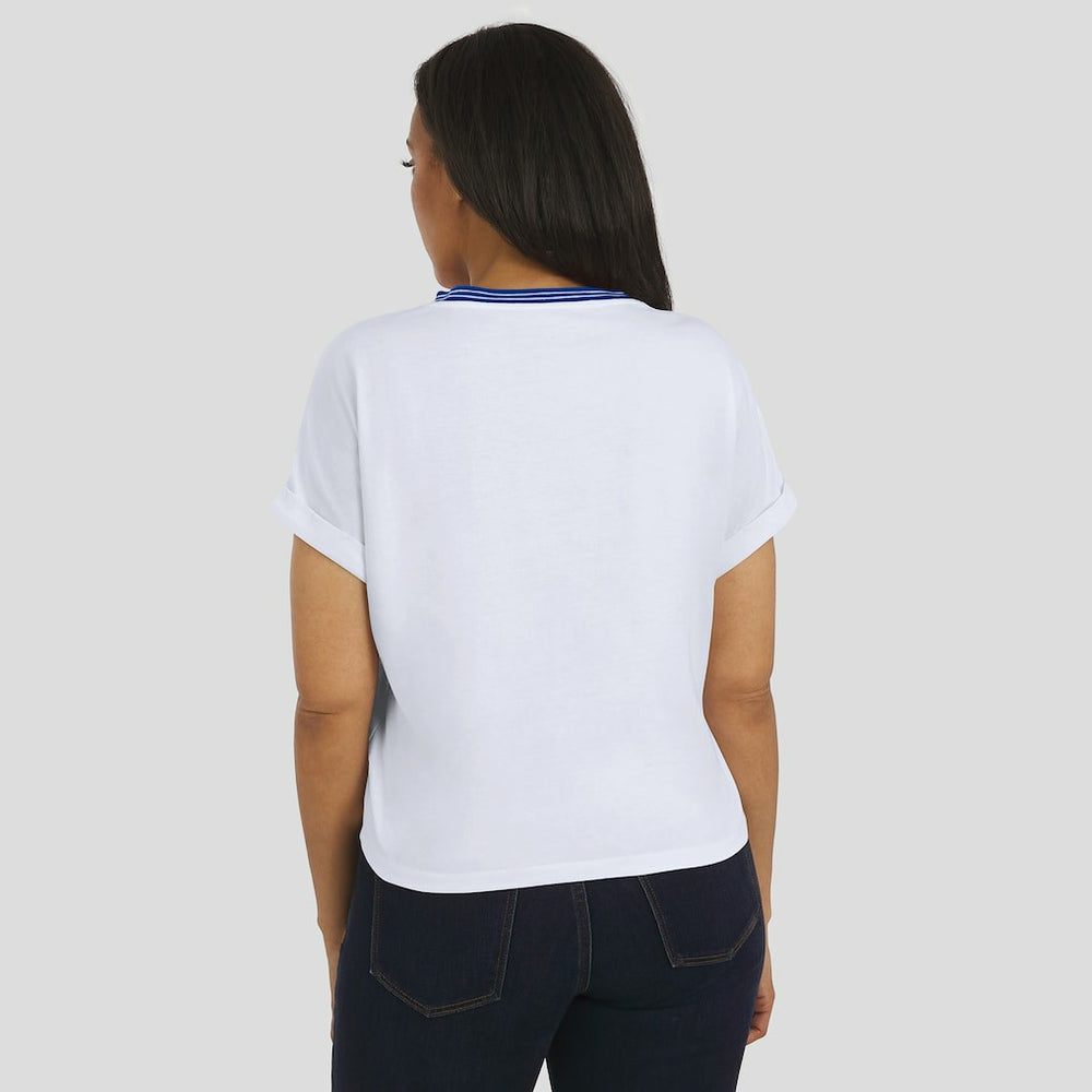 Buffalo Bills WEAR by Erin Andrews Women's Cropped Center Stripe Dolman T-Shirt - White - NFL