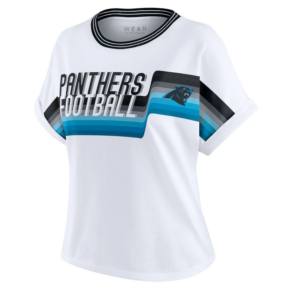 Carolina Panthers WEAR by Erin Andrews Women's Cropped Center Stripe Dolman T-Shirt - White - NFL