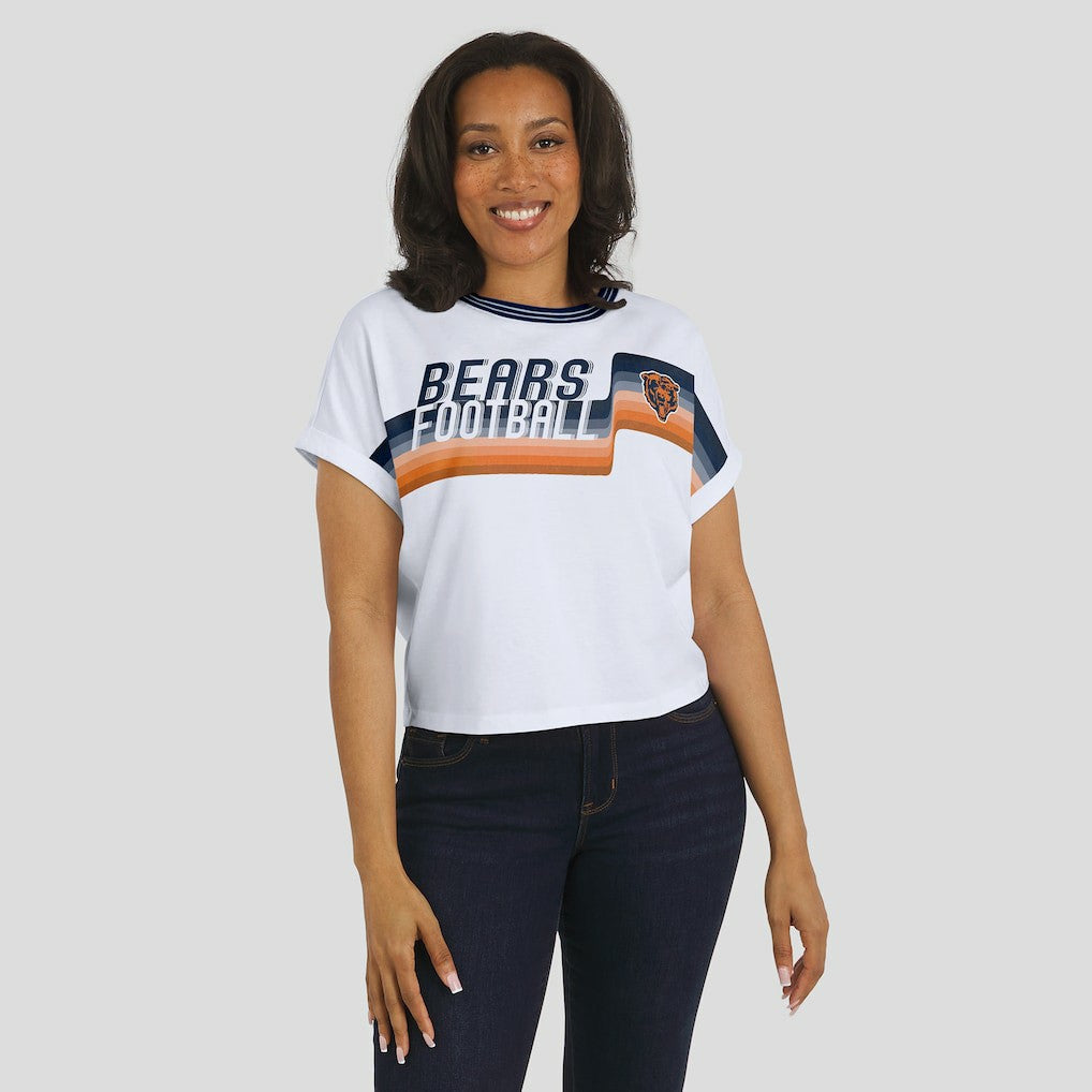 Chicago Bears WEAR by Erin Andrews Women's Cropped Center Stripe Dolman T-Shirt - White - NFL