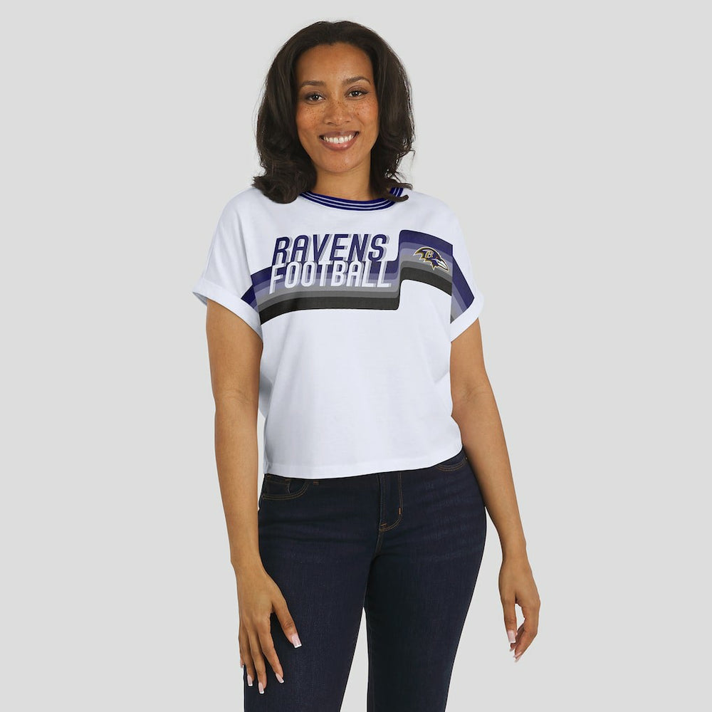 Baltimore Ravens WEAR by Erin Andrews Women's Cropped Center Stripe Dolman T-Shirt - White - NFL