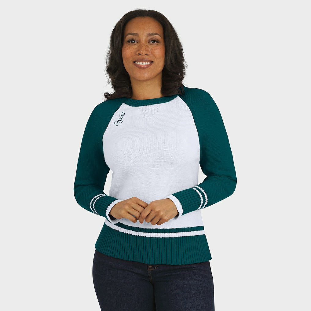Philadelphia Eagles WEAR by Erin Andrews Women's Colorblock Raglan Sweater - White/Midnight Green - NFL