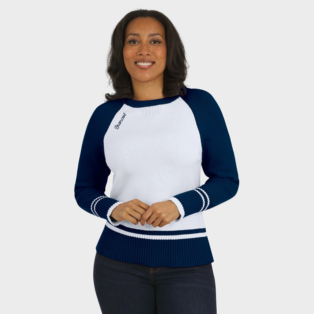 Denver Broncos WEAR by Erin Andrews Women's Colorblock Raglan Sweater - White/Navy - NFL