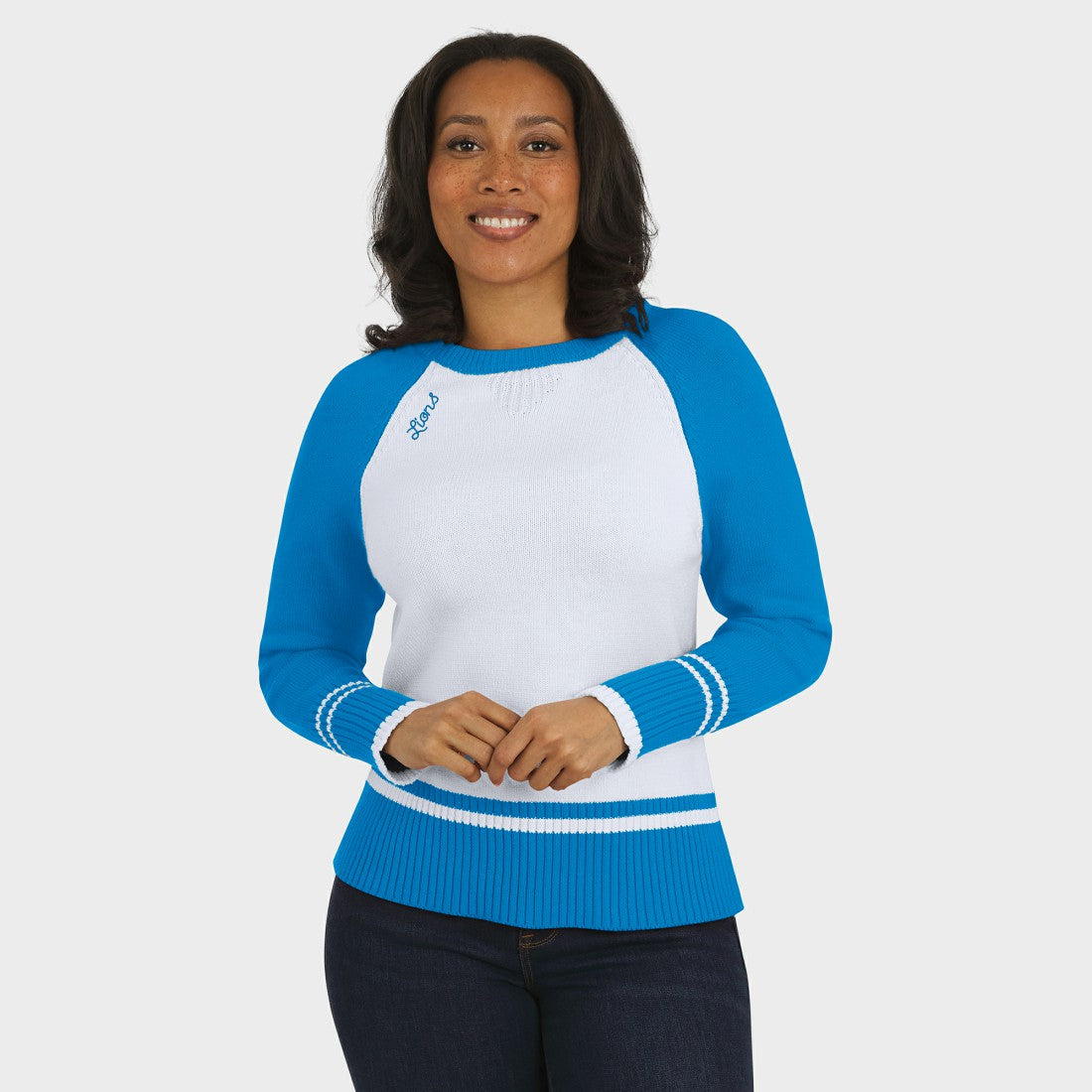 Detroit Lions WEAR by Erin Andrews Women's Colorblock Raglan Sweater - White/Blue - NFL