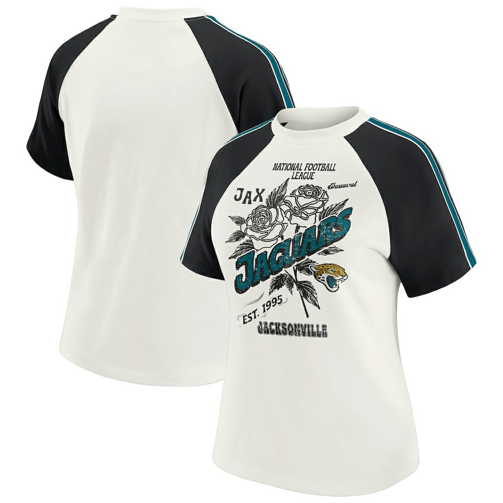 Jacksonville Jaguars WEAR by Erin Andrews Women's Sleeve Stripe Distressed Raglan T-Shirt - White - NFL