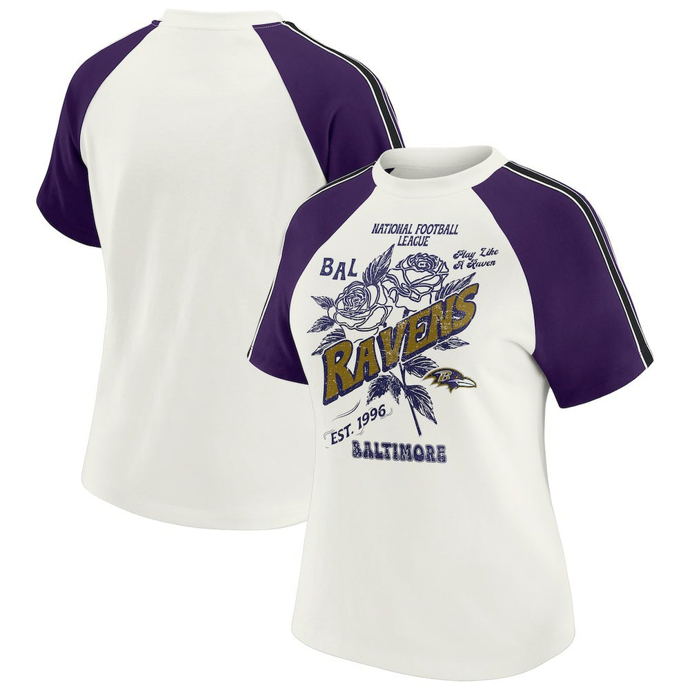 Baltimore Ravens WEAR by Erin Andrews Women's Sleeve Stripe Distressed Raglan T-Shirt - White - NFL