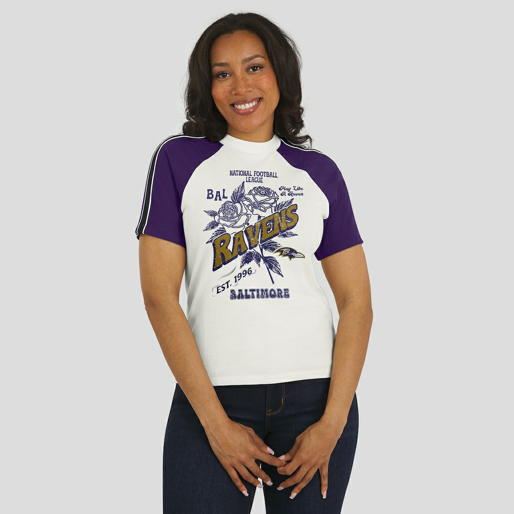 Baltimore Ravens WEAR by Erin Andrews Women's Sleeve Stripe Distressed Raglan T-Shirt - White - NFL